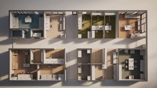 Overhead view of a contemporary office layout showcasing various departments and collaborative zones.