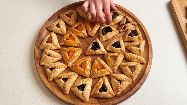Hand picking a traditional hamentash cookie from a large wooden tray of assorted pastries for a festive Purim celebration concept and delicious homemade treats
