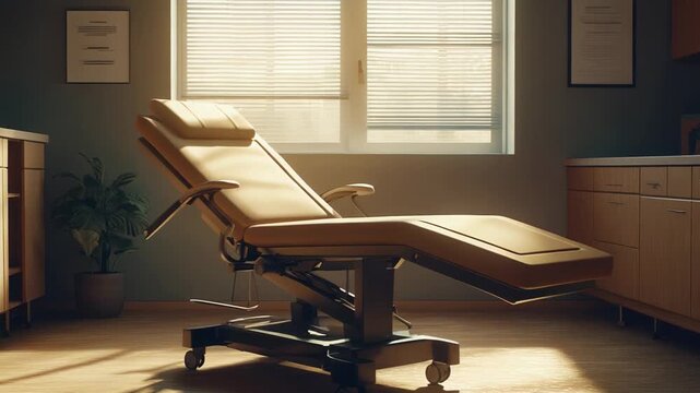 Modern medical examination room featuring an adjustable bed or chair, ready for patient consultations within a healthcare facility, highlighting a clean and private environment