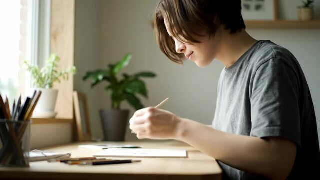 A young person is diligently drawing or sketching in a notebook at a sunlit desk, fostering creativity and artistic skill. This scene captures focused learning and personal development