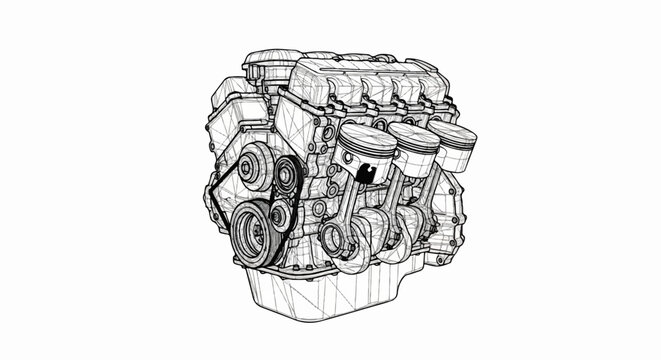 Detailed wireframe illustration of a V-engine with pistons and belt