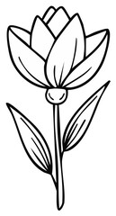 Obraz premium Outline illustration of a simple tulip flower with leaves on a stem, isolated.