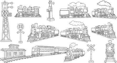 Fototapeta premium Diverse collection of vintage steam trains and railway accessories