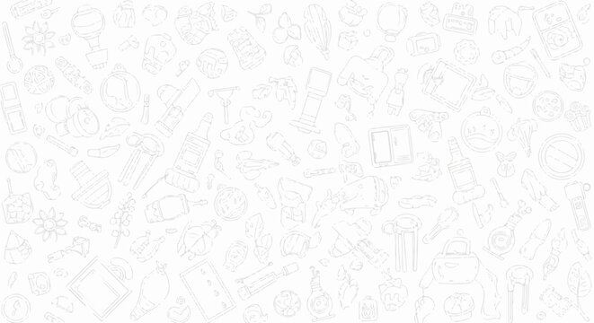 Diverse collection of sketched objects, food, and items on a white background