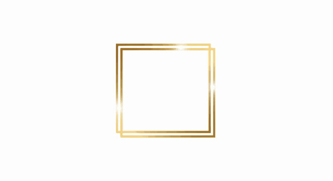 Elegant golden double square frame with reflective edges on white