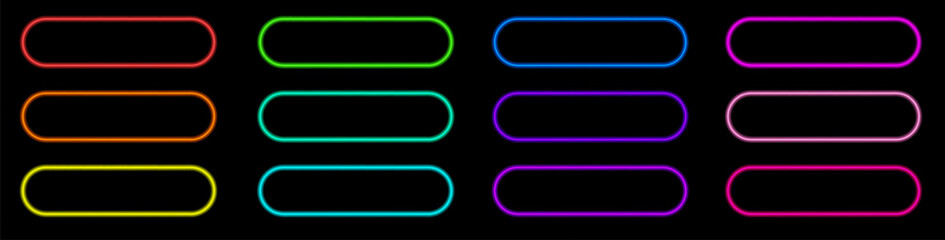 Modern neon pill buttons with vibrant glow and 3D effect for web, game, and app design. Bright UI elements for neon action call banners, shop, buy now labels and interface templates on dark background