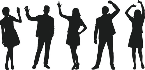 People waving hands silhouette set, men and women greeting or celebrating, black vector illustration isolated on white background © LITON WORLD