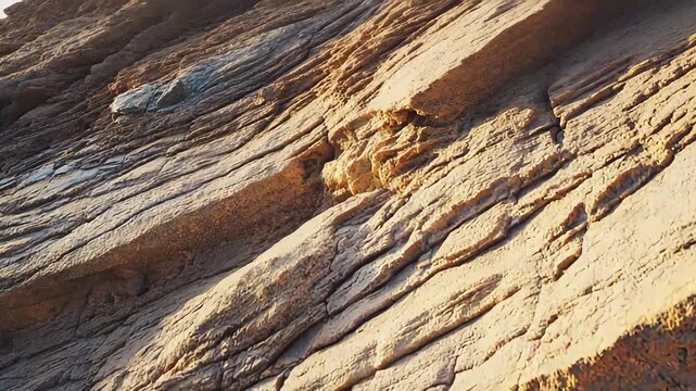 Sedimentary rock layers creating textured horizontal patterns of sandstone and mineral bands, warm sunlit canyon wall revealing erosion, age, and rugged geological detail