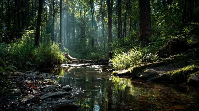 Sunlit forest stream flowing through green woodland, bright sunlight rays, tranquil outdoor nature background