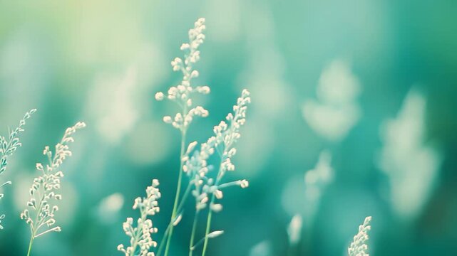 Delicate grass blades with soft bokeh backgrounds create a peaceful scene in a vibrant green meadow capturing the essence of freshness and natural beauty