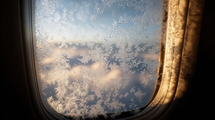 Naklejka premium Intricate frost patterns forming on an airplane window frame against a backdrop of clouds and sky during a flight