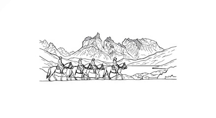 Naklejka premium Equestrians traverse a rugged mountain landscape with a lake
