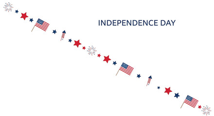 Patriotic Independence Day icon collection. Includes American flags, stars, fireworks. Created in colorful style with red, white, and blue palette.