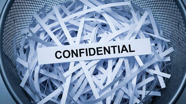 Confidential document shredding in office waste basket conceptual image showing importance of data protection privacy compliance and secure disposal of sensitive business information