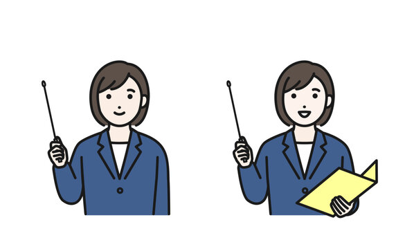 指示棒で説明するスーツの女性