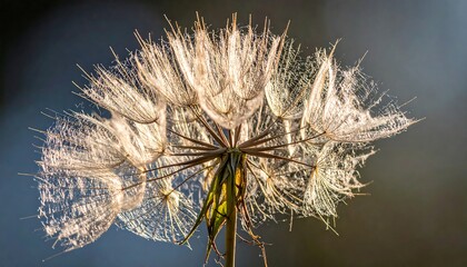 Close-up of a fluffy dandelion seed head, backlit creating a halo effect, with bokeh background