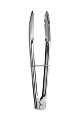 Stainless steel kitchen tongs isolated. Metal cooking utensil.