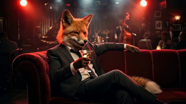 Fox character in a suit relaxing on a couch, holding a cocktail glass, enjoying a night out at a jazz club lounge