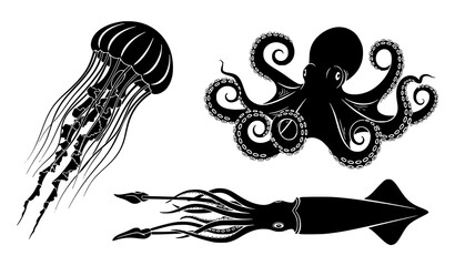 Marine life silhouettes jellyfish octopus squid vector set isolated on white © Opurbo