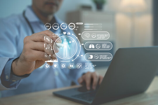 Doctor using stylus pen on virtual medical dashboard with laptop, Smart healthcare and AI diagnosis analysis concept