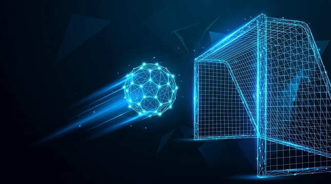 Digital soccer ball entering glowing neon net goal as futuristic abstract sports technology concept with glowing lines and particles on dark background