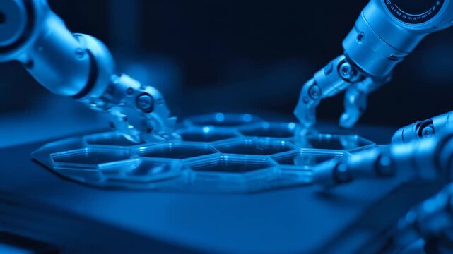 Robotic arms precisely manipulate hexagonal components on a futuristic platform. Blue lighting highlights innovation.