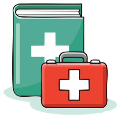Fototapeta premium Medical emergency first aid kit and training manual book cartoon vector illustration