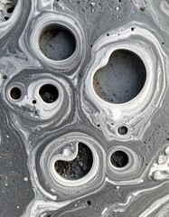 Close-up of fluid forming bubble-like shapes with gray and white swirls around dark, hole-like depressions