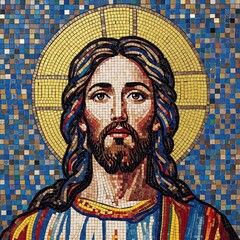Vibrant mosaic artwork of Jesus Christ with golden halo