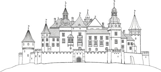 Obraz premium Intricate line drawing of a grand castle with multiple towers and crenellated walls