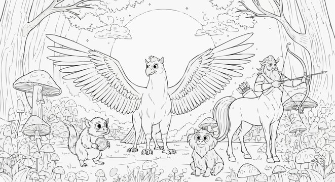 The coloring page for children features a collection of magical creatures in a moonlit forest glade: a proud hippogriff with spread wings, a curious nymph with a shiny coin, and a wise centaur with a 