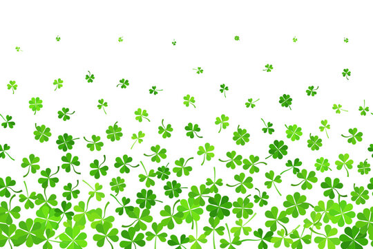 St. Patricks Day shamrock background with falling clover leaves. Lucky four-leaf symbols. Green Irish border design for spring celebration banners and festive cards. Vector illustration