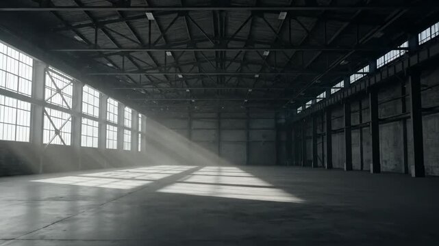 Spacious empty industrial warehouse. Sunbeams illuminate dust particles, creating a dramatic atmosphere. Concrete floor and metal truss ceiling define the vast interior space.