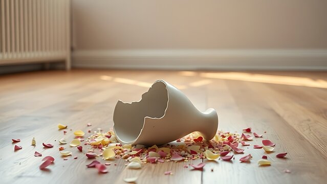 sedition. A shattered ceramic vase on a wooden floor with scattered flower petals in an empty room. wellbeing guides.