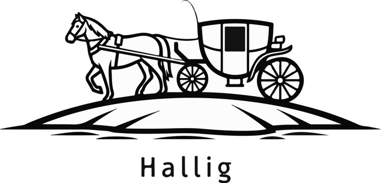 Horse-drawn carriage silhouette atop a stylized landscape with the word "Hallig