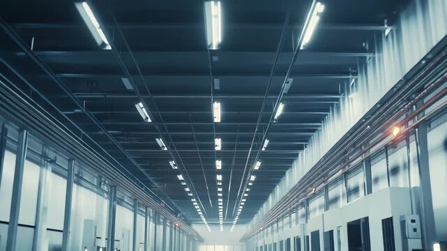 Future technology production hall interior with clean reflective floor and bright lighting, representing innovation, logistics, automation, and manufacturing concepts