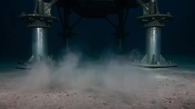 Submerged industrial structure on the sandy seabed, stirring up a dense cloud of sediment in the deep, dark ocean.