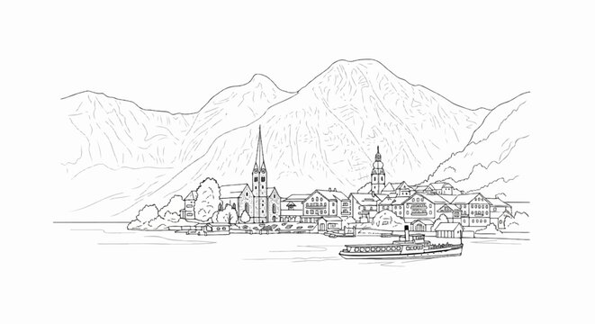Line drawing of lakeside village with mountains in background and boat on water