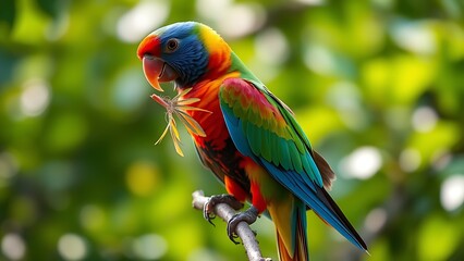 Naklejka premium disarranged. A colorful parrot preening a feather on a branch, soft morning light. wildlife magazines, conservation campaigns, designed for eco-tourism storytelling.