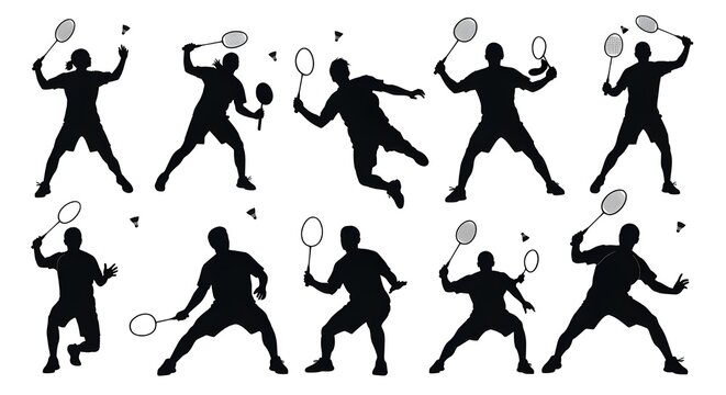 Badminton Player Silhouette Collection &ndash; Shuttlecock Action Poses Vector Set Isolated on White Background