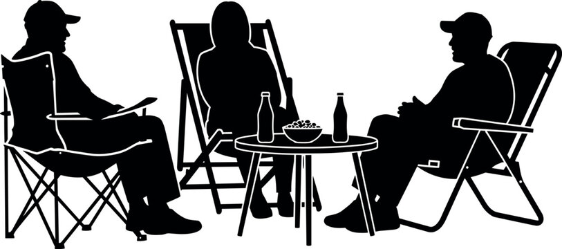 Black and white vector silhouette of three people relaxing on folding chairs with drinks and snacks at an outdoor picnic.