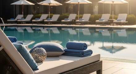 Fototapeta premium A serene poolside scene with lounge chairs and towels at a luxury resort
