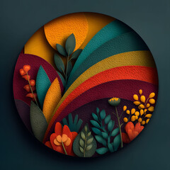 Obraz premium Vibrant abstract artwork featuring a circular composition with bold, multicolored arcs and stylized botanical elements. perfect for art prints, posters, and home decor, modern design and natural inspi