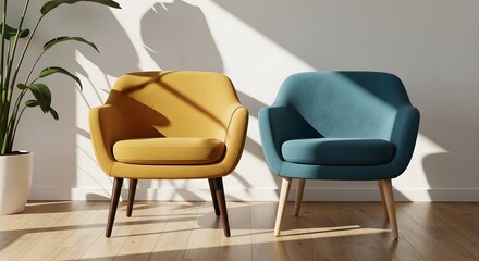 Fototapeta premium Two modern armchairs in a bright room with a plant