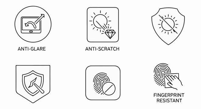 Icons depicting screen protection glare, scratch, and fingerprint resistance
