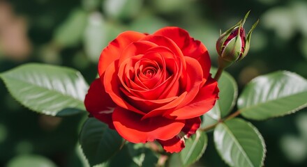 A vibrant red rose in full bloom with lush green leaves