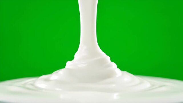 Thick white liquid pours and spreads, creating a creamy texture and ripples. Isolated on a green screen.