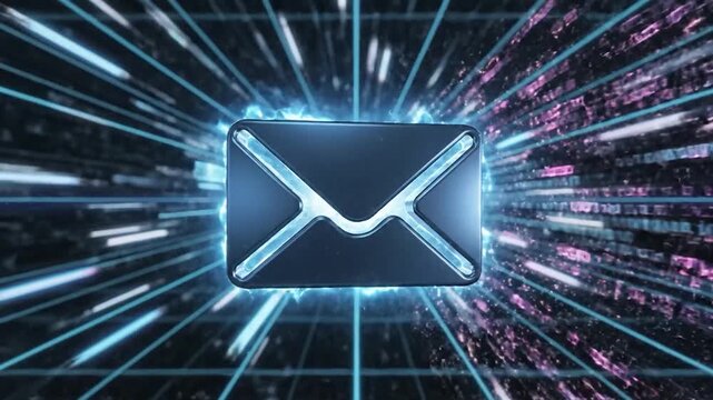 Digital email icon rapidly transmitting data through a futuristic network