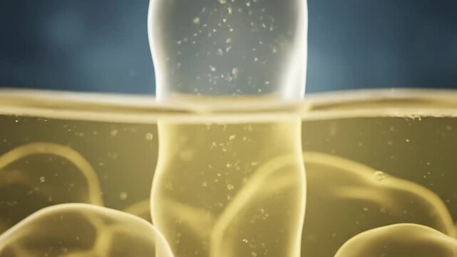 This abstract animation depicts a golden, viscous liquid with numerous small particles and soft, translucent organic shapes.