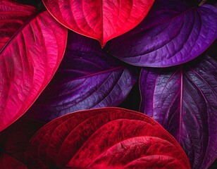 Close-up on vibrant foliage with shades of red, pink, and purple displaying intricate textures and overlapping formations